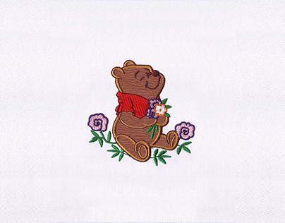 FLOWERS SMELLING POOH APPLIQUE EMBROIDERY DESIGN