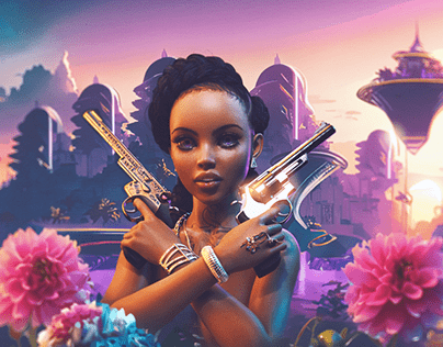 Tropical Sunset: Sci-Fi Pin-up + Dual Wield Revolvers