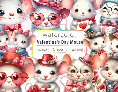 Watercolor Valentine's Day Mouse Clipart