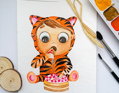 Cute baby boy in the tiger suit