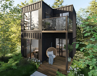 Modélisation 3D d'une tiny house en métal dans un bois