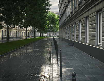 Street after rain. Full CGI