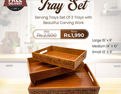 Set 3 Wooden Trays With Handle