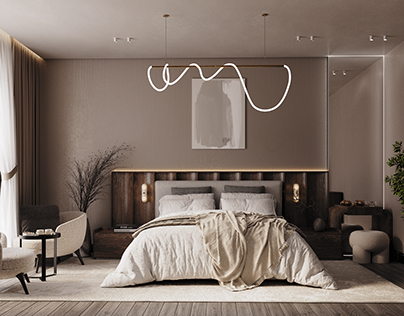bedroom with elegant wavy wooden panels
