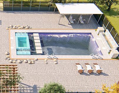 A rendering of a swimming pool in front of a house.