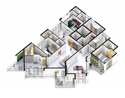 3 bedroom family apartment 3d isometric floor plan