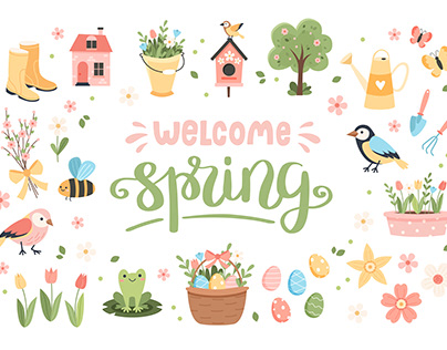Hello spring cute vector elements