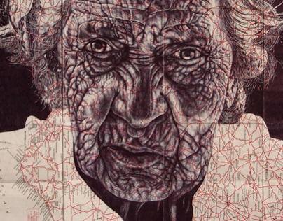 Bic Biro drawing of a homeless Portuguese women on map