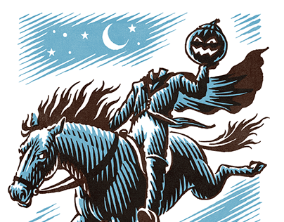The Headless Horseman, in two color woodcut style