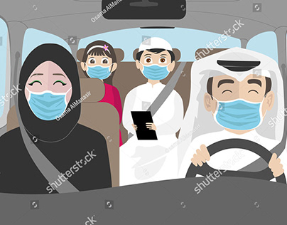 Arab Family riding a car wearing Masks during