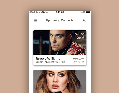 Upcoming Concerts. Mobile application screen