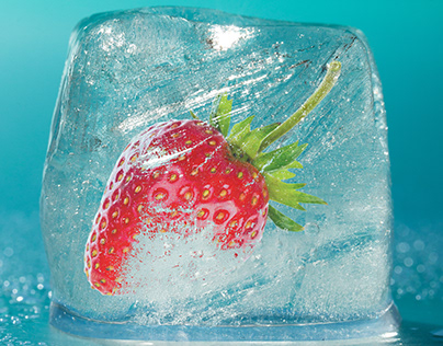 Strawberry in an ice cube