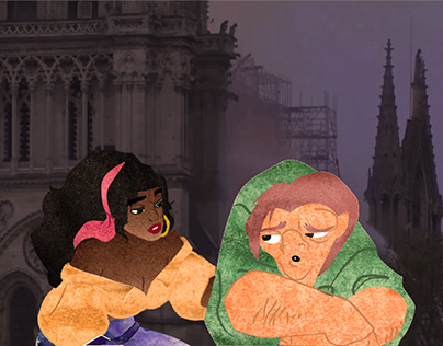 Quasimodo and Esmeralda in front of the Notre Dame