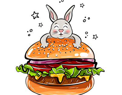 Illustration of a happy rabbit on a burger