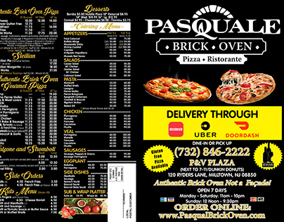 Pasquale Brick Oven Pizza Menu Design