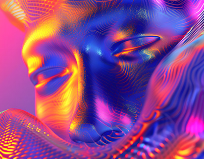 iridescence human face with holographic metallic bg