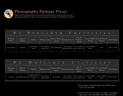 Photographer Price Lists