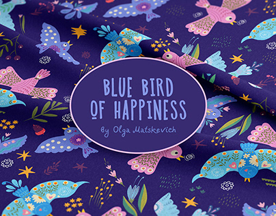 Print blue birds of happiness. Сartoon style.