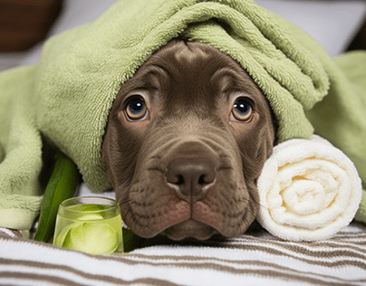 Funny Mastiff puppy with towel on his head