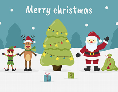 Santa Claus, deer and elf near the Christmas tree