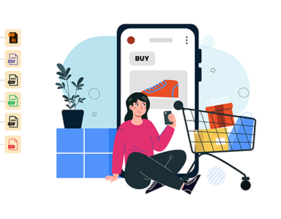 Online Shopping Woman Flat Illustration