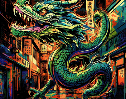fire dragon psychedelic illustration