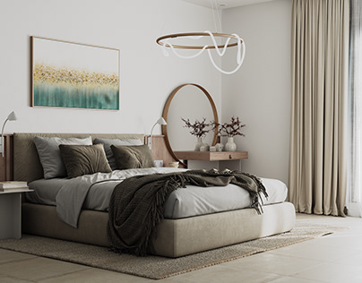 Minimalistic bedroom interior in gray shades