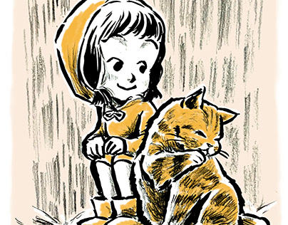 Cat and girl in raining day
