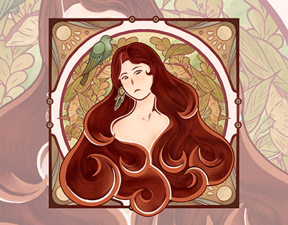 Girl and bird in art nouveau style