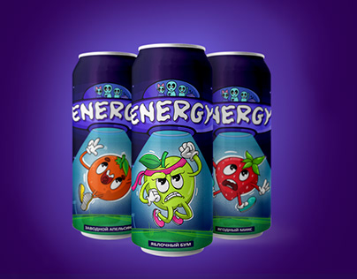 The series of packaging for a line of energy drinks.
