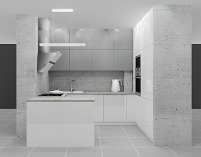 Meble kuchenne - Biały połysk i beton