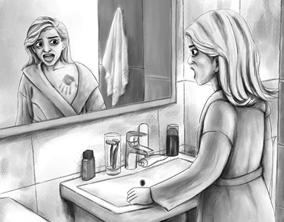 Ghost Story Illustration -Scared Woman in the Bathroom