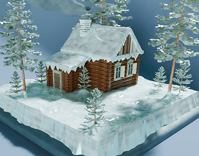 Snow-covered hut