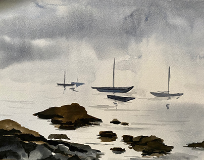 Boats, sea, rock, grey, watercolor, clouds