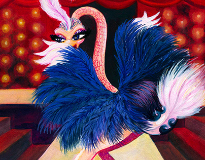 Burlesque Ostrich : Gouache Paint Illustration