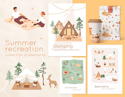 Summer recreation. Collection of camp elements.