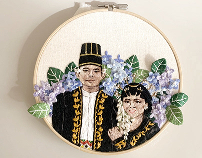Hand Embroidered Portrait with 3D Flowers