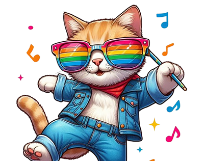 A funny 3D cat illustration dancing with rainbow colors