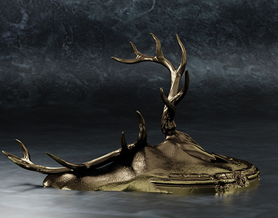 Antlers with Skull on Pedestal in Apocalyptic Style