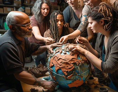 Group of diverse race & gender rebuilding the world