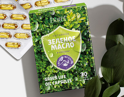 Green life oil capsules. Packaging design.