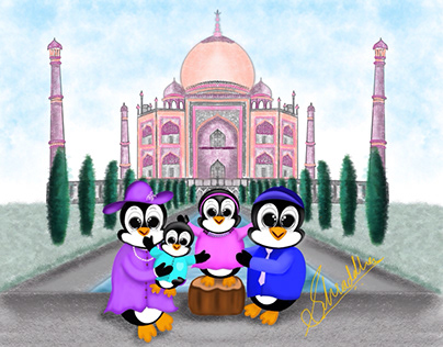 Taj Mahal with penguin family