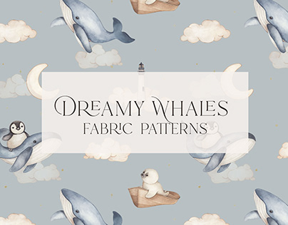Dreamy Whales. Watercolor fabric seamless pattern.