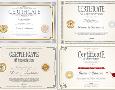 Achievement certificate design with seals set