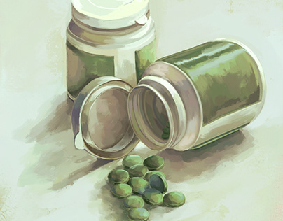White jars with green valerian pills