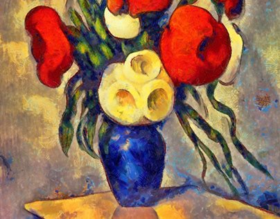 A blue vase of roses on a table