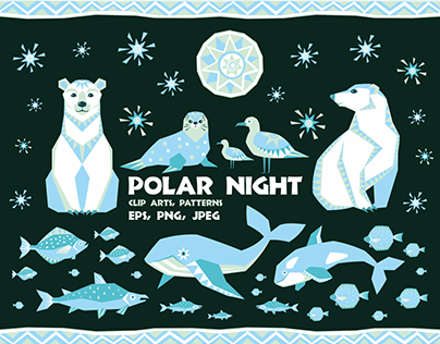 Polar night. Vector clip arts and seamless patterns