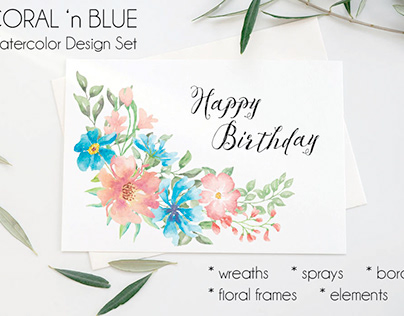 Coral and blue watercolor clip art set