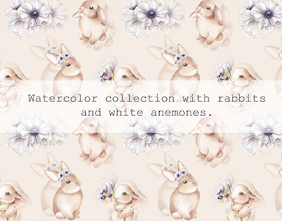 Watercolor rabbits with white anemones.