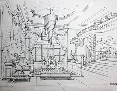 interior perspective hand drawing